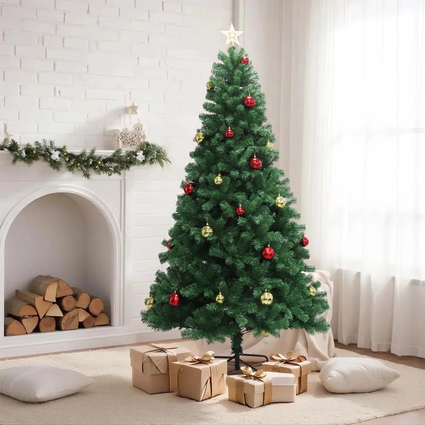6-7ft Christmas Tree, Artificial Hinged Xmas Tree With LED Lights, 8 Lighting Modes for Home Christmas Decoration