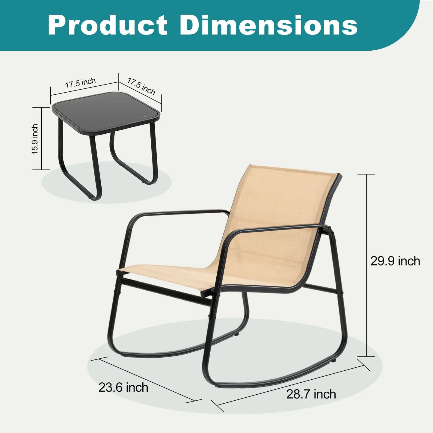JHK 3 Piece Patio Rocking Furniture Set with Table Outdoor Metal Frame Lumbar Support Mesh Backrest Sectional Balcony Sets