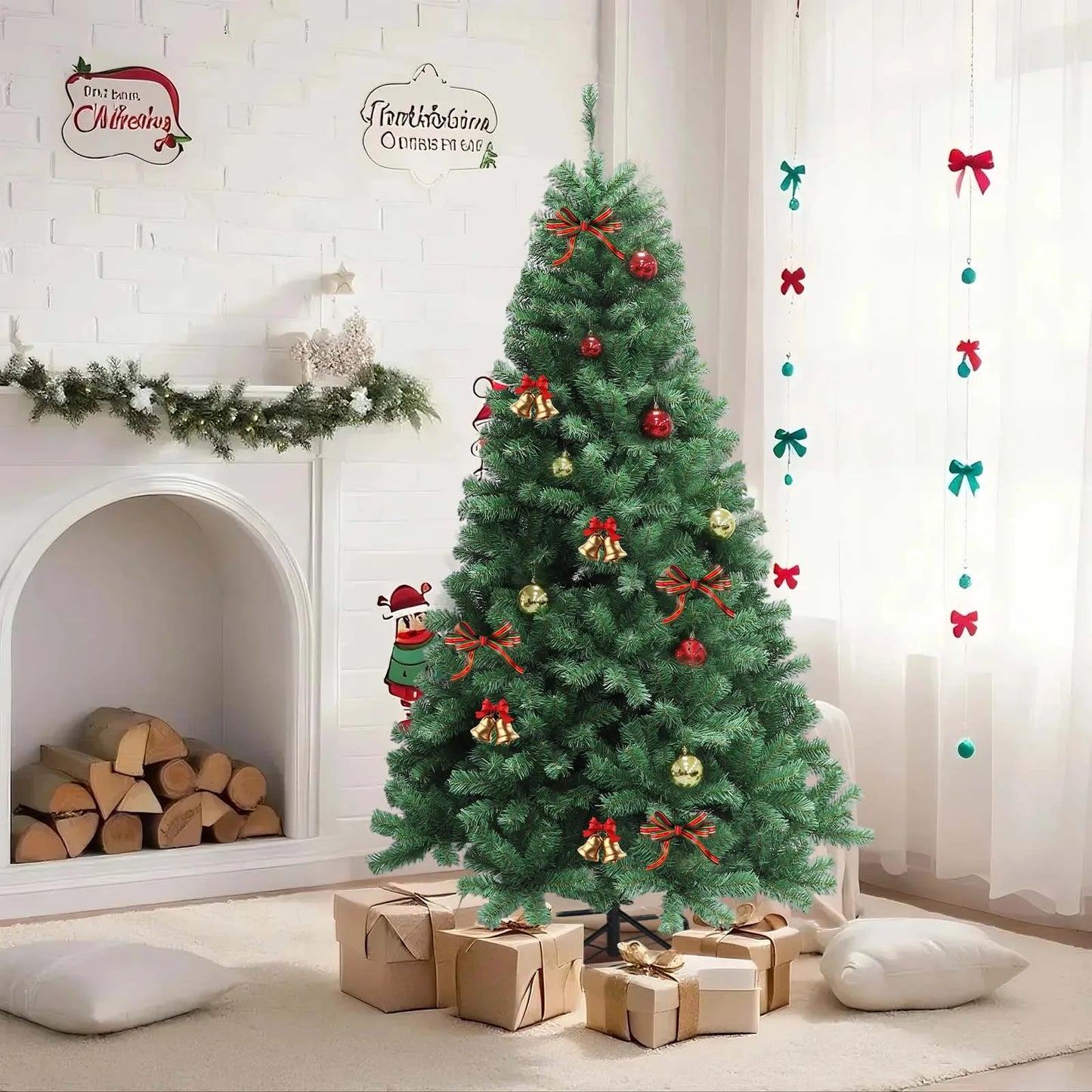 6-7ft Christmas Tree, Artificial Hinged Xmas Tree With LED Lights, 8 Lighting Modes for Home Christmas Decoration