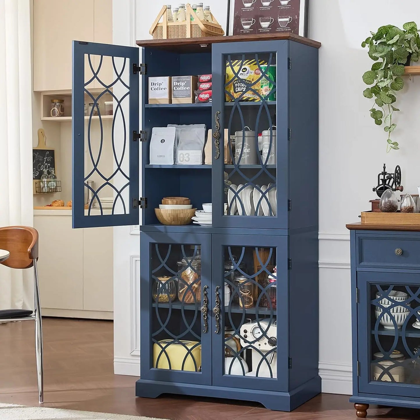 Vintage Wood Pantry Cabinet Set of 2 67 Inch Tall Kitchen Storage with Glass Doors And Adjustable Shelves Customizable