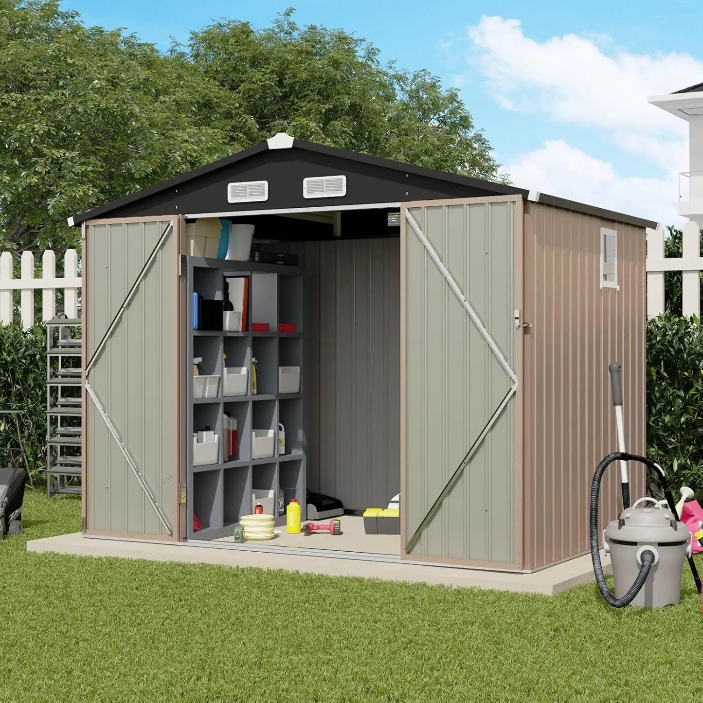 8'x6' Outdoor Storage Shed, Galvanized Metal Steel Garden Shed with Upgrade Window, Double Door W/Lock, Bike, Customized