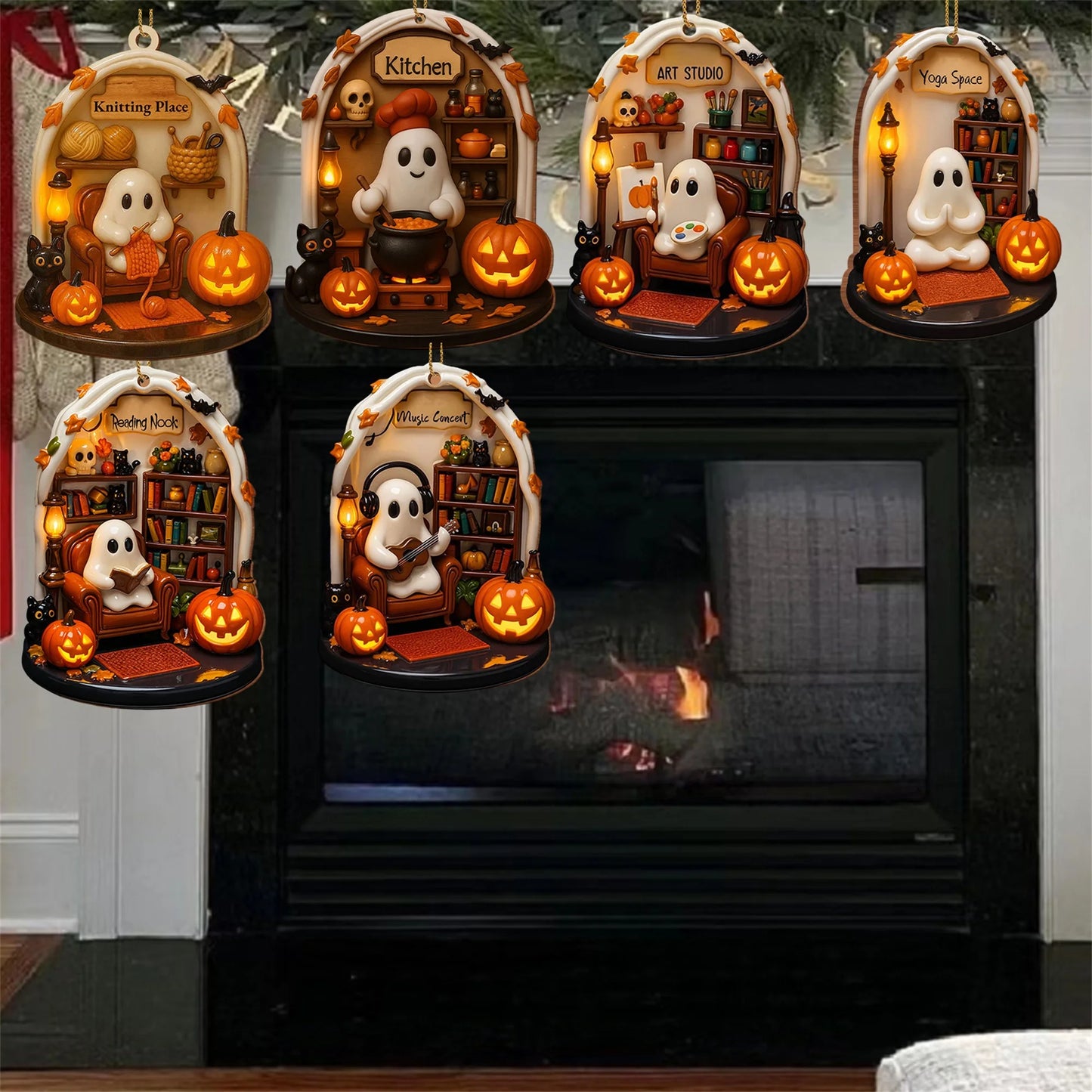 Spooky Halloween Ghosts Ornaments 6 Piece Set - Adorable Flat Hanging Decorations for Home Tree and Holiday Season