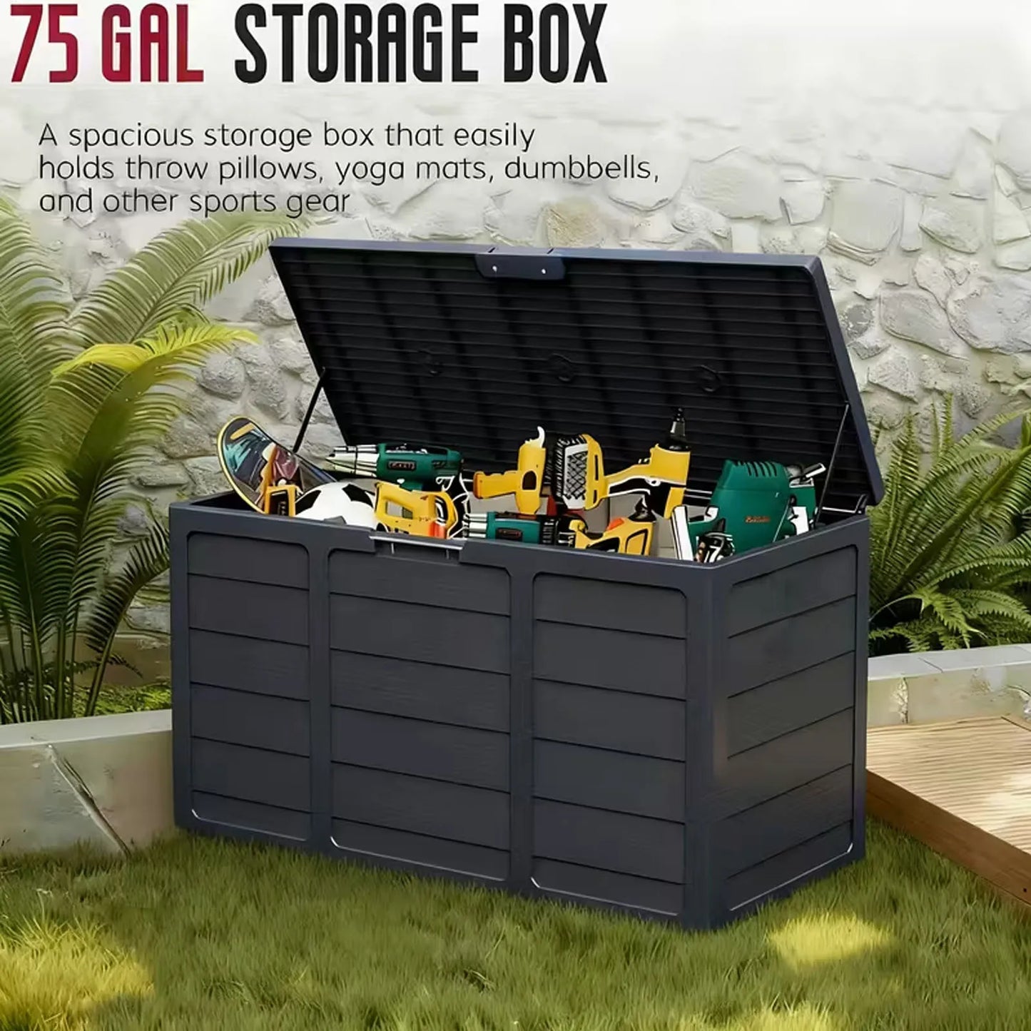 75 Gallon Large Outdoor Deck Box with Lockable Lid & Heavy-Duty Hinged Door - White/Green Heavy-Duty Plastic Storage Container,