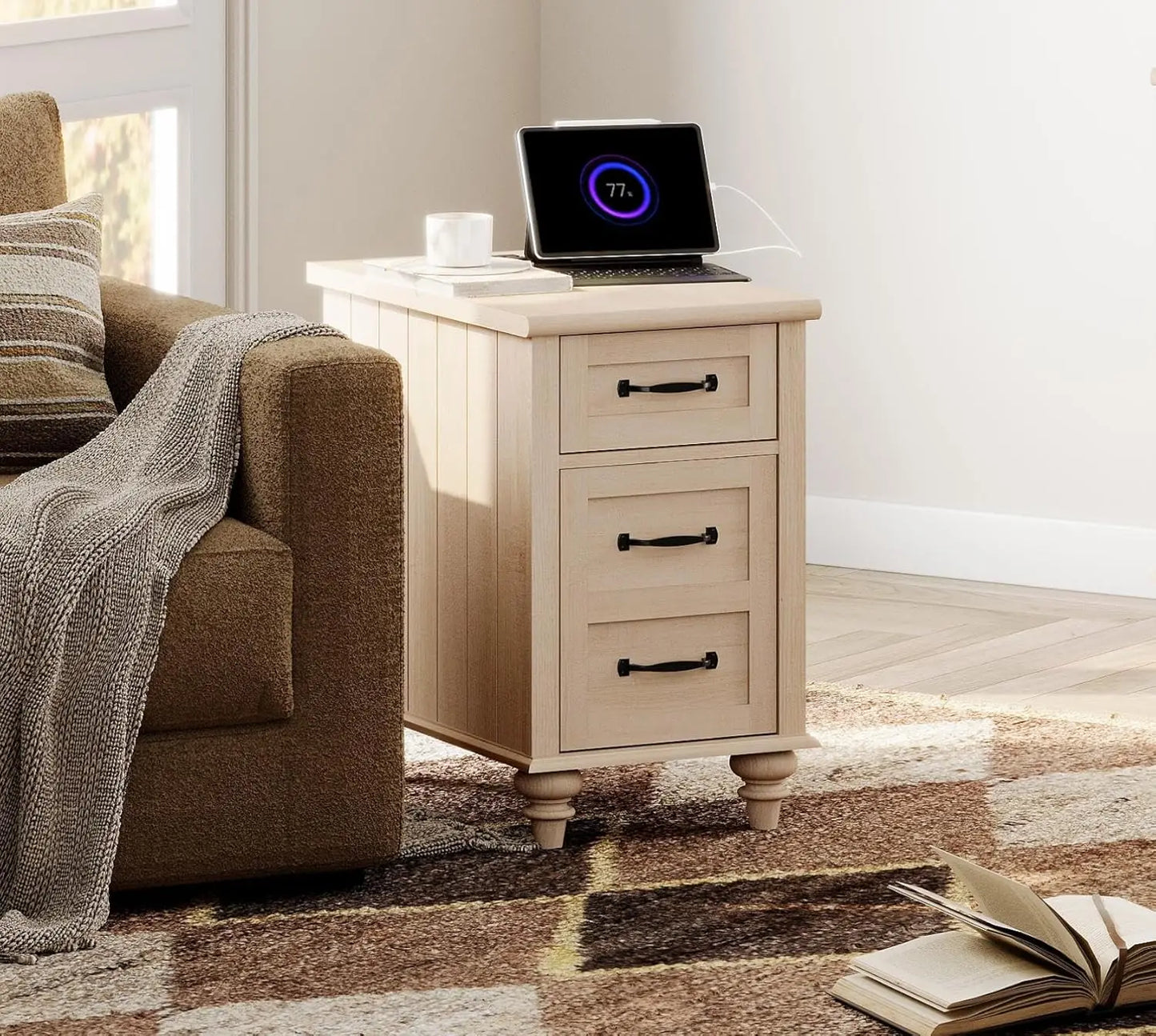 Tall Nightstands with Charging Station Set of 2, Wooden Night Stand with Drawer & Cabinet, Elegant Bedside Table, Customized