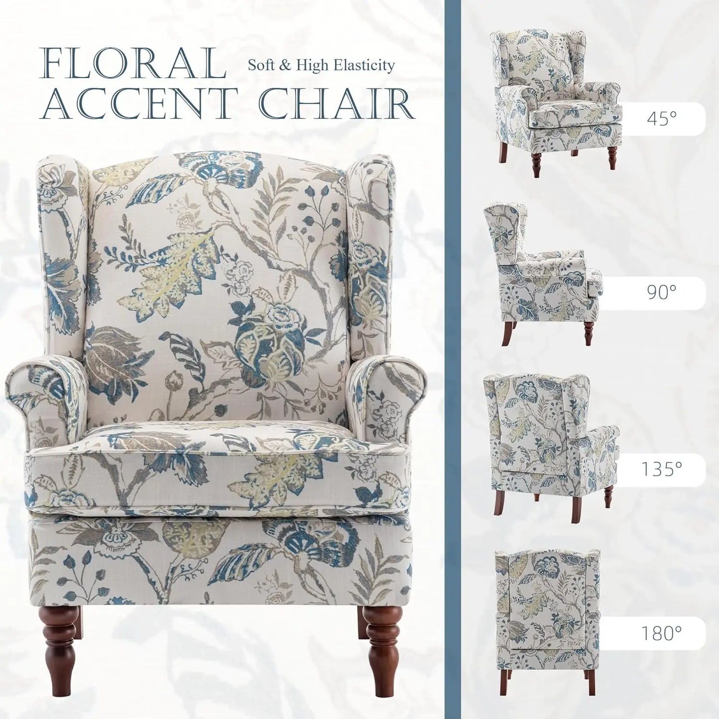 Floral Accent Chair,High Back Upholstered Armchair with Solid Legs,Leisure Single Sofa Chair for Living Room,Bedroom,Home Office