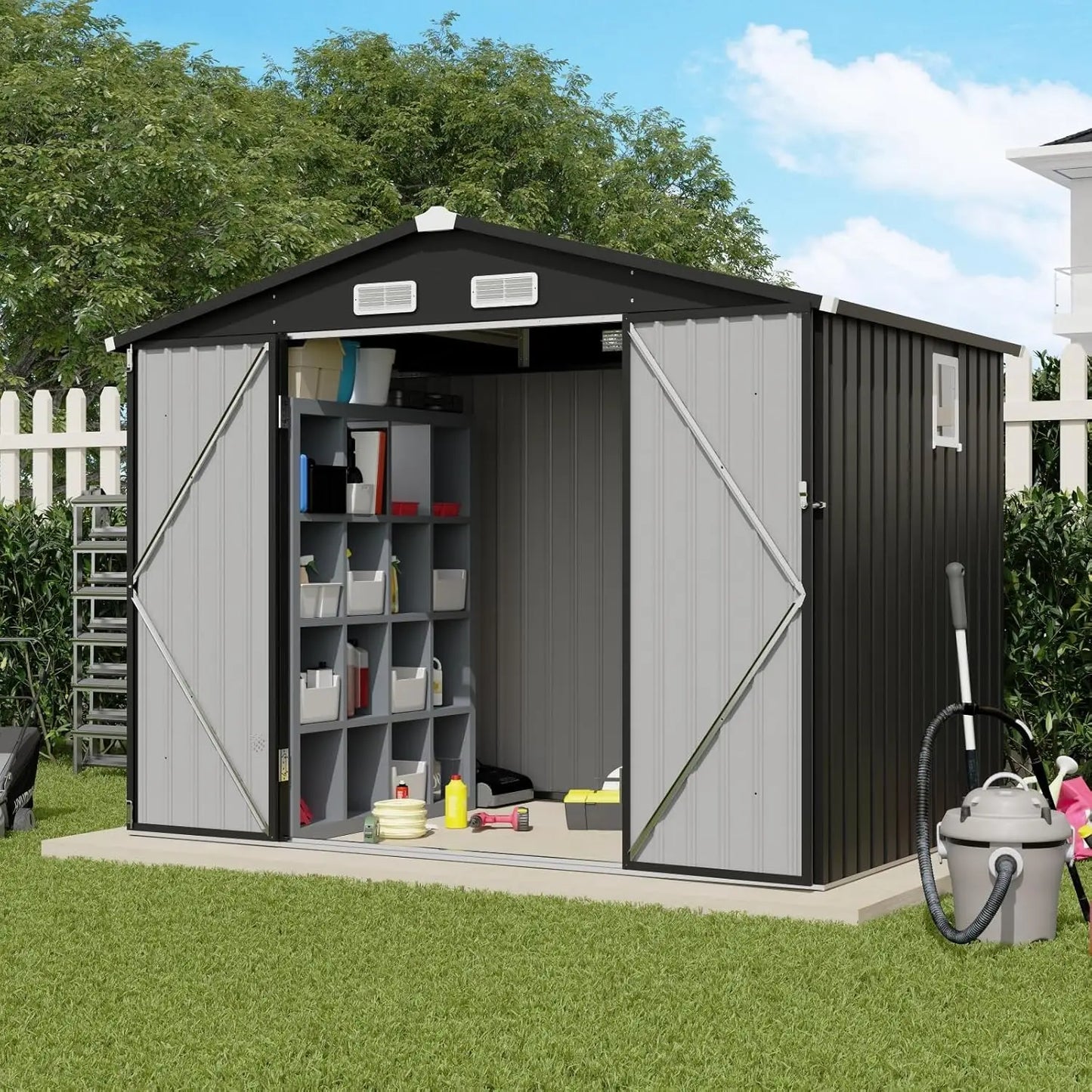 8'x6' Outdoor Storage Shed, Galvanized Metal Steel Garden Shed with Upgrade Window, Double Door W/Lock, Bike, Customized