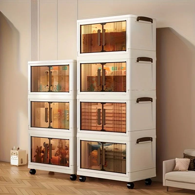 4/5-Tier Heavy-Duty Plastic Folding Storage Cabinet with Lid - Foldable & Stackable Shelving Unit, Wheeled Container Suitable fo